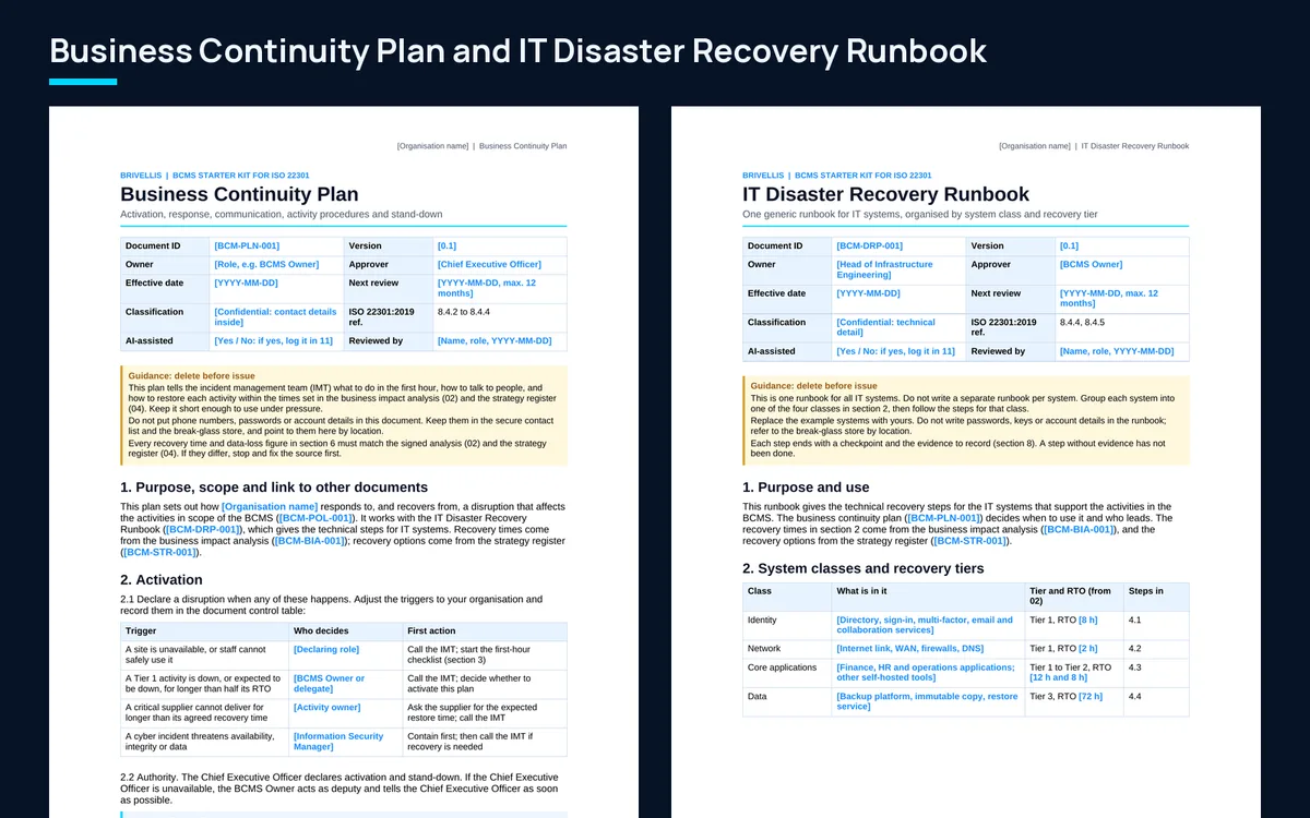 First pages of the business continuity plan and the IT disaster recovery runbook