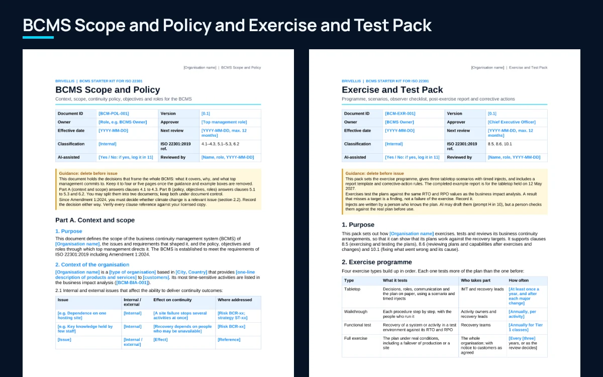 First pages of the BCMS Scope and Policy and the Exercise and Test Pack
