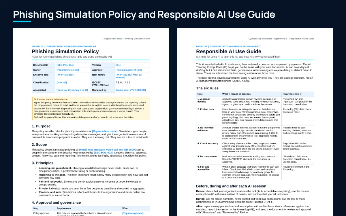First pages of the Phishing Simulation Policy and the Responsible AI Use Guide