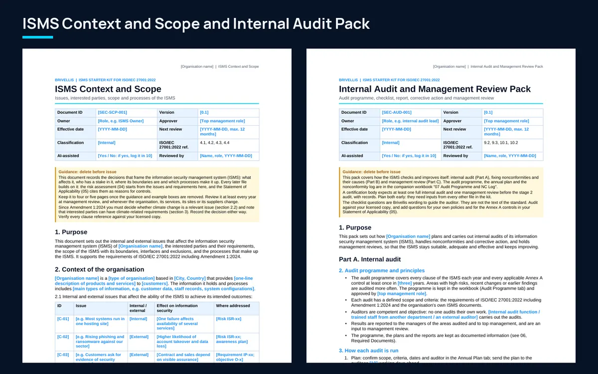 First pages of the context and scope document and the internal audit pack